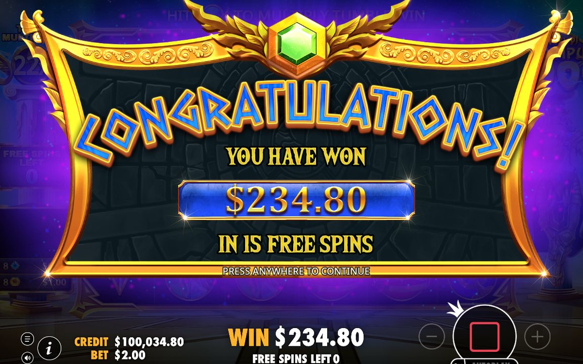 Win screen showing the total of a tumble sequence